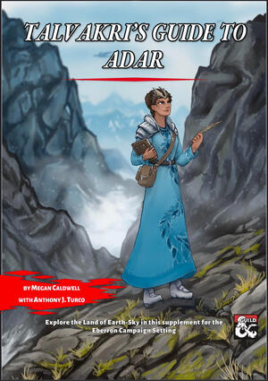 A book cover called "Talvakri's Guide to Adar" that depicts a woman in a blue robe standing on a mountain.